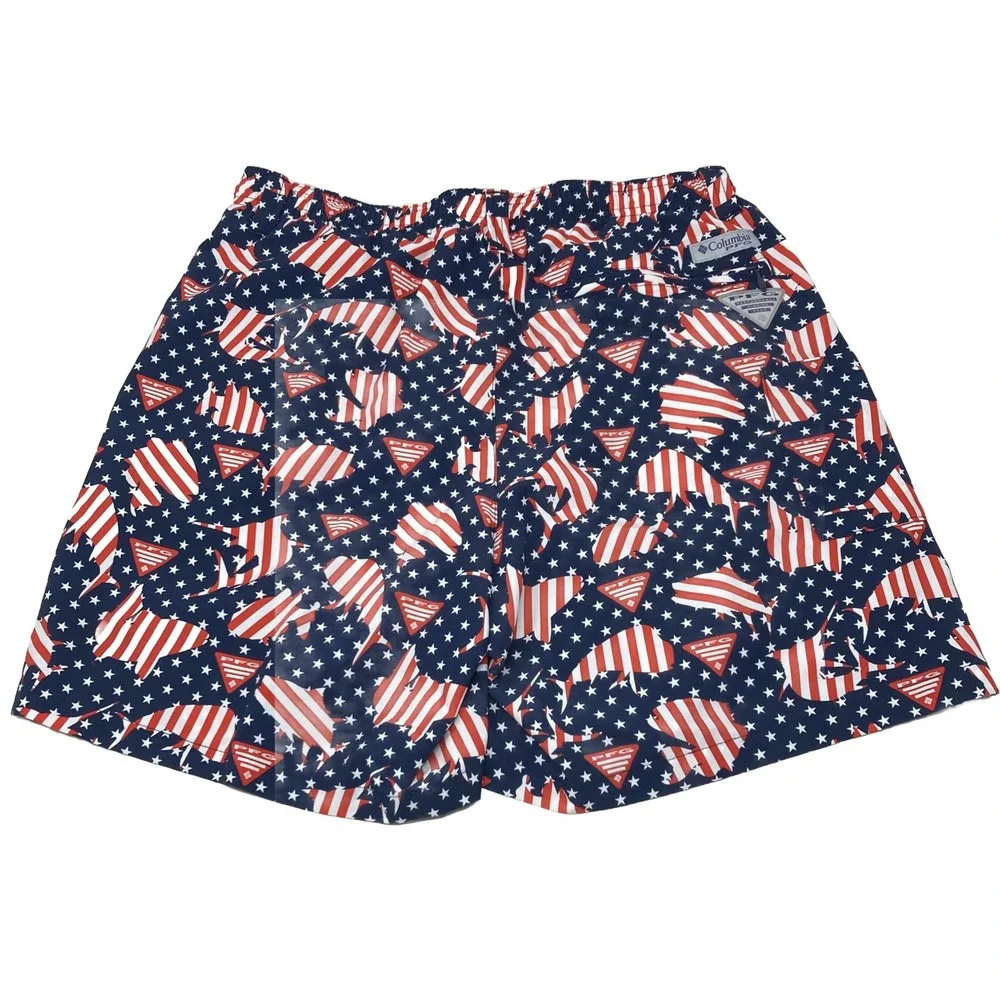 Columbia PFG Super Backcast Water‎ Shorts Patriotic Fish Pattern Men's Small NWT